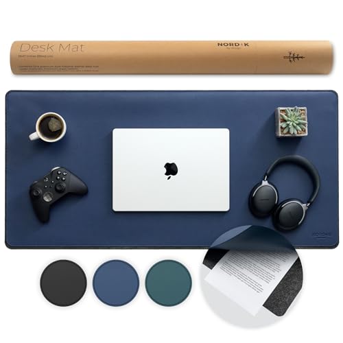 Image of Nordik Felt and Leather Desk Mat - Dual Layer Midnight Blue 35 x 17 in
