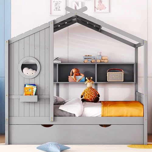 Image of Full Size House Bed with Roof and Window for Kids, Wooden Playhouse Bed with Storage Shelves and Trundle for Bedroom Furniture Girls & Boys (Grey /T2)