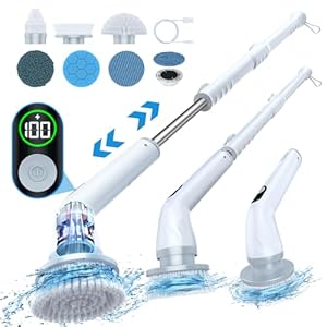 LABIGO Electric Spin Scrubber LA4 Pro, Dual Speed Bathroom Scrubber with Display & 6 Replacement Cleaning Heads, Cordless Power Scrubber with Adjustable & Detachable Handle for Bathroom Floor Tile