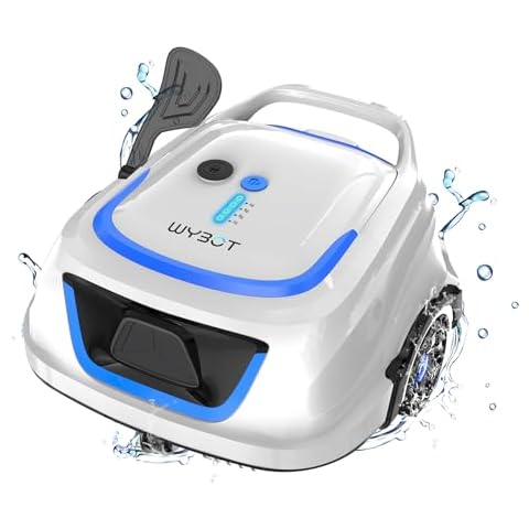 WYBOT A1 Cordless Robotic Pool Cleaner, Automatic Pool Vacuum with 120 Mins, Double Filters, LED Indicator, Fast Charging, Ideal for Above Ground Flat Pools - White Blue Cover