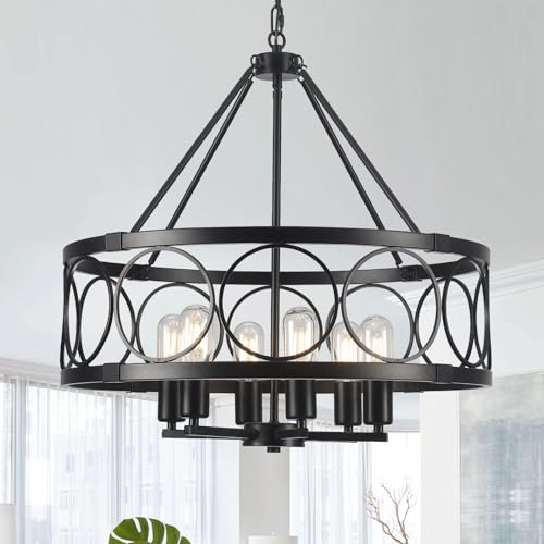 JZQWCK Black Farmhouse Chandelier for Dining Room Light Fixtures 6 Lights Modern Chandeliers Ceiling Lights 55cm Industrial Drum Hanging Pendant Lights for Kitchen Island Living Room Bedroom Entryway by JZQWCK - Used condition - CA$123.77