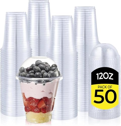 E Greenwize Plastic Smoothie Cups with Dome Lids 350 ml / 12 oz Pack of 50 Clear Reusable Cups for Milkshakes Iced Coffee Bubble Tea