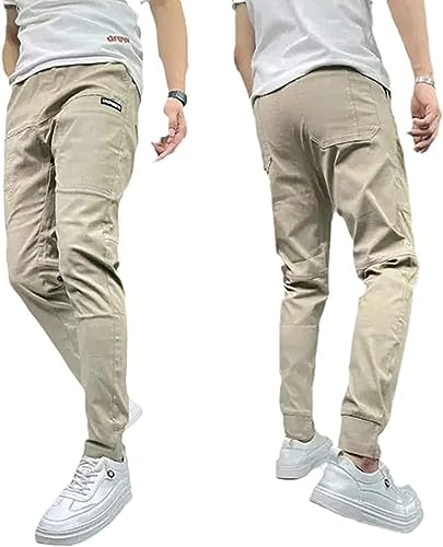 Men's High Stretch Multi-Pockets Skinny Cargo Pants,Casual Slim Fit Work Jogger Pants Trousers with 6 Pockets,Elastic Waist Drawstring Utility Tactical Pants Cargo Sweatpants for Men (33, Khaki)