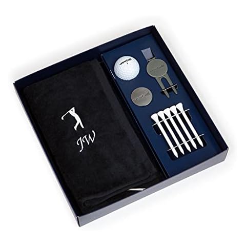 Personalised Golf Gift Box Set with Embroidered Towel (Any Name), Ball Marker. Divot Repair Tool, Golf Ball, Golf Tees Pack (Black) Cover