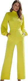 Macacão Feminino Longo Elegante Alfaiataria para Festa Casamento Convidada-Macacao Social Preto Gola Alta com Manga Amarelo Branco Moderno Chique