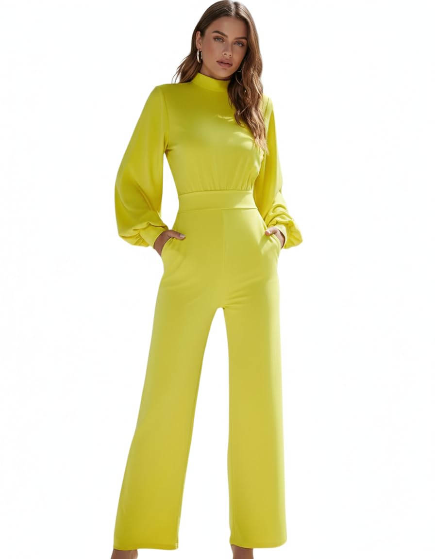 Macacão Feminino Longo Elegante Alfaiataria para Festa Casamento Convidada-Macacao Social Preto Gola Alta com Manga Amarelo Branco Moderno Chique