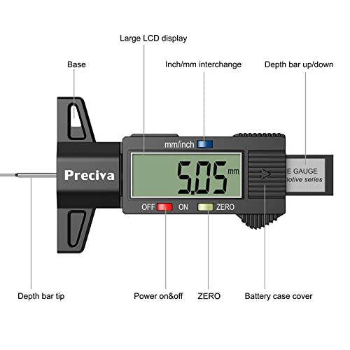 Preciva Tyre Tread Depth Gauge, 0-25.4mm/Inch Digital Tire Surface Checker UK, Tyres Measuring Tool with Large LCD Screen for Cars, Trucks, Motos, Black