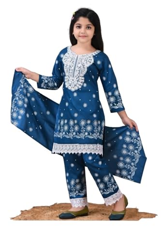 Image of Girls Traditional Rayon Salwar Suit Set with White Embroidery, 3-Piece Ethnic Wear with Lace Detail and Floral Pattern