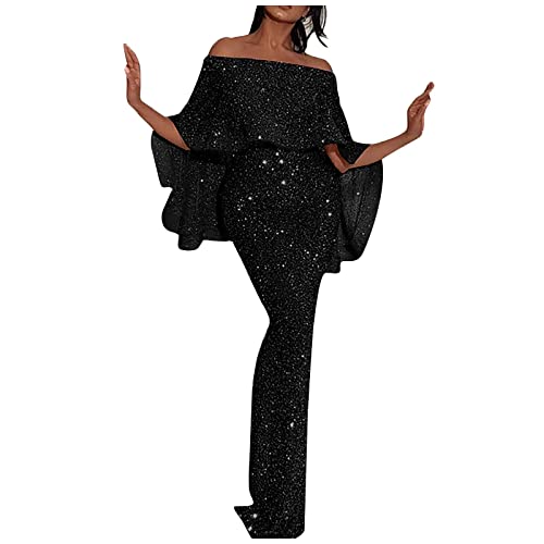 Black Purple Blue Sequin Dress for Women Sexy Off Shoulder Formal Gowns and Evening Dresses Plus Size Fashion Solid Color Party Club Prom Classic Elegant Bodycon Wrap Long Dress(Black,XX-Large)