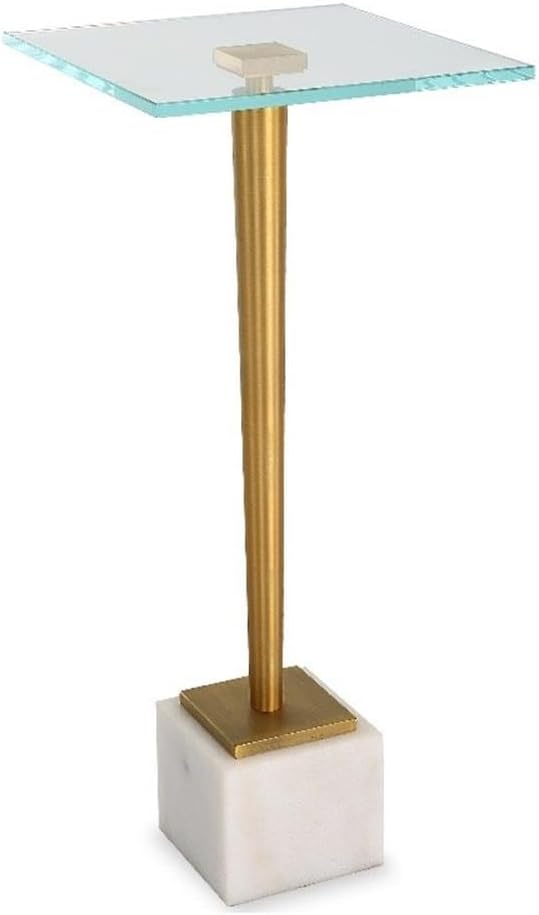 BOWERY HILL Accent Marble Table, 25" H x 11" W x 11" D, Brass Plated Iron, Tempered Glass Top, Natural White Marble Base, Multi-Color, Elegant Design for Living Room or Bedroom Decor