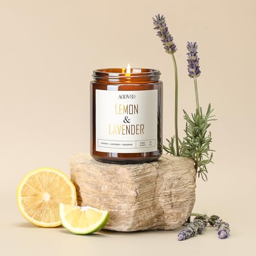 Image of AOOVOO Lemon Lavender Scented Candle - Lavender Candle, Scented Candles, Soy Aromatherapy Candle, Soy Wax Candle, 9oz