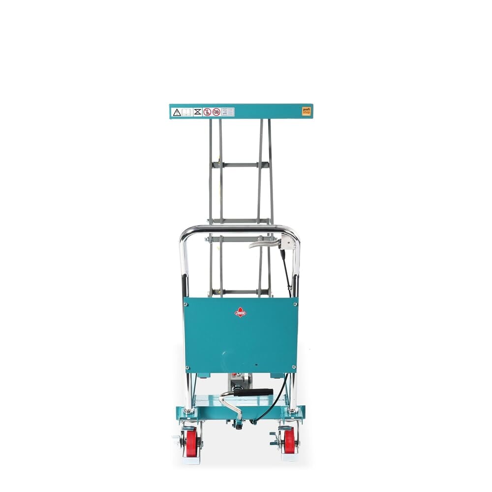 Ameise Scheren-Hubtischwagen LTT | 450-1.500 mm Hubbereich | 700 kg Tragkraft | 1.220x610 mm Plattform | Fahrbarer Hubtisch mit festem Bügel | Fußbetriebene Hydraulikpumpe | Stahl | Türkisblau