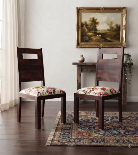Image of Solid Wood Dining Chairs Featuring a Sleek Slot-Back Design and Vibrant Floral upholstered Seats, Set of 2, Walnut Finish