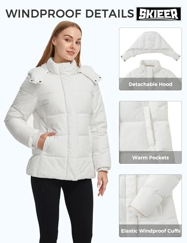 Skieer Women's Winter Jacket Warm Hooded Puffer Coat Windproof Snow Outerwear Coat(White,Medium) - Thumbnail 6