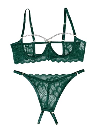 Image of Lilosy Women's Sexy Underwire Floral Lace Sheer Bachelorette Lingerie Set See Through Bra and Panty 2 Piece Chain Army Green Medium