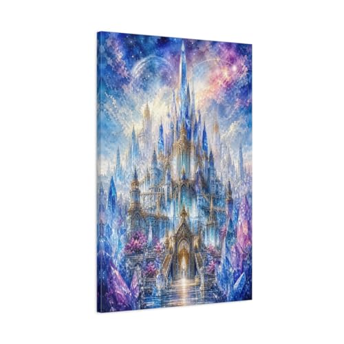 Tableau château féerique bleu pour décoration salon fantastique grand format vertical