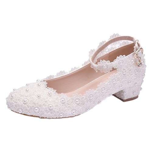 ANUFER Women's Low Block Heel Ankle Strap Pumps Floral Lace Pearls Bridal Shoes