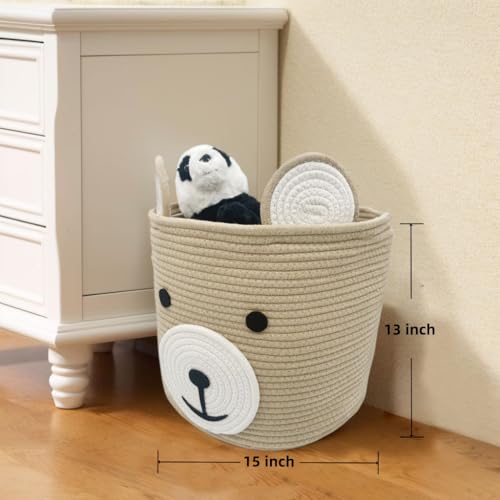 Baby Laundry Basket, Bear Basket, Baby Shower Baskets, Bear Gift Baskets for Kids, Nursery, Toy Storage, Cotton Rope Hamper with Handles (Light Brown, 15