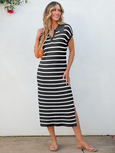 ANRABESS Women's Summer Striped Midi Dress 2025 Casual Short Sleeve V Neck Loose Knitted Side Slit Long Beach Dresses3