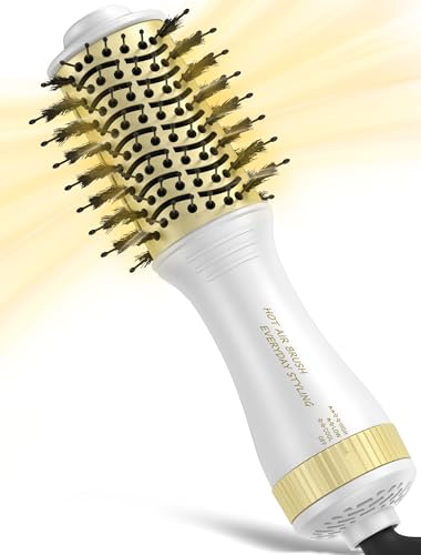 Image of Travel Hair Dryer Brush, 2 Inch Oval Blow Dryer Brush for Short to Medium Hair, Dual Voltage 120-240V Hot Air Brush, Ceramic Blowout Brush with 3 Heat Settings, White Gold