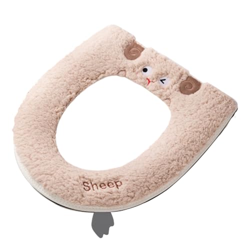 Soft Bathroom Toilet Lid Cover, Machine Washable Seat Covers, Fits Most Sheep Toilet Seat Cover with Handle Soft Toilet Seat Cushion Thickened Fully Enclosed Toilet Seat Warmer, Khaki