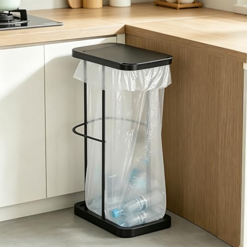 WhimsiNova ゴミ箱 蓋付き ゴミ袋ホルダー 45L対応 横開き 分別ゴミ箱 スタンド ゴミ袋が取り出しやすい レジ袋スタンド おしゃれ 簡易 ワイドな開口部 ニオイ漏れ対策 キッチン/オフィス/リビング/トイレ用 (ブラック)
