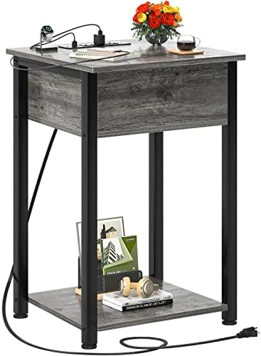 Ecoprsio Nightstand with Charging Station, Modern End Table Side Table with USB Ports, Wood Night Stand, Grey Bedside Table with Drawer and Shelf for Bedroom, Living Room, Sofa Couch, Hall, Gray