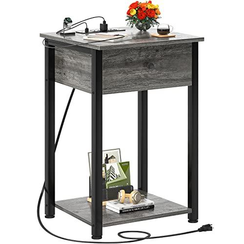 Grey Nightstand with Charging Ports