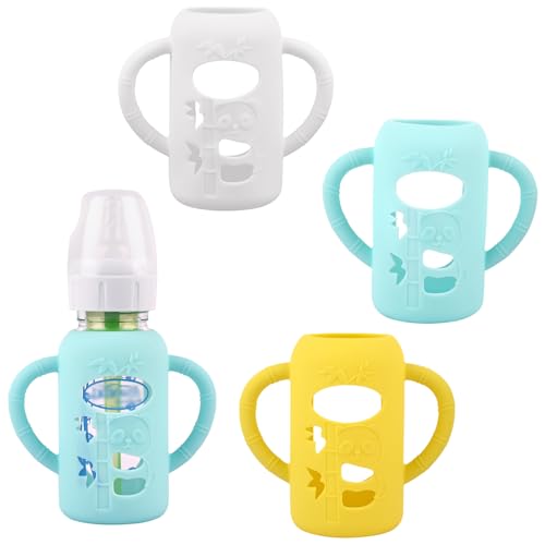 Image of 3 Pack Baby Bottle Handles, Silicone Sleeves for Dr Brown's Glass Baby Bottles, Anti Breakage Baby Bottle Holder, Compatible Dr. Brown's Natural Narrow Glass Baby Bottles 4 oz ﻿