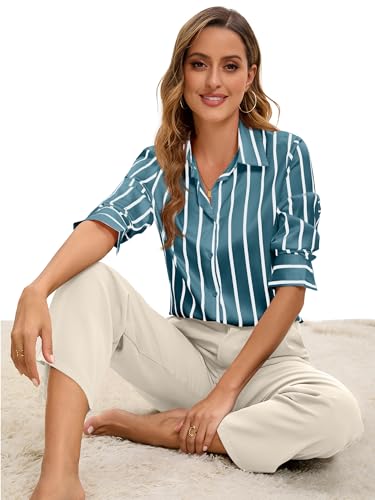 Image of Premium Soft Breathable Stretch Satin Silk Button Down Shirts for Women Long Sleeve Leopard Blouses Work Dress Tops