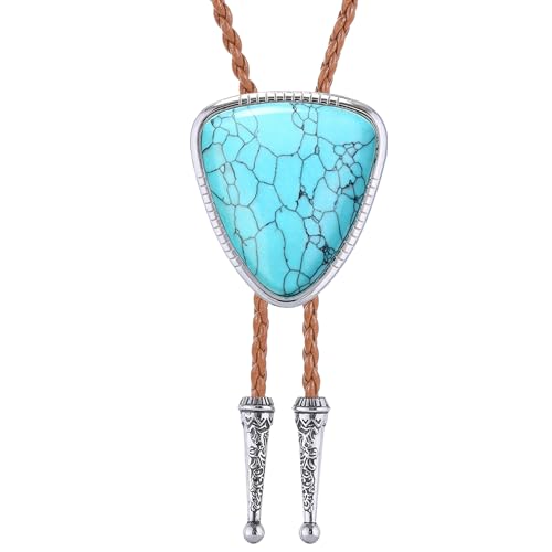 Image of Jeilwiy Bolo Tie for Men Real Stone Westwern Cowboy Ties Silver Bolos Women Leather Necktie Gift for Birthday Christmas