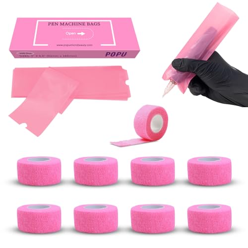 EZ Tattoo Maschinenabdeckungen mit Griffbändern - 9 Stück (2.5cm x 4.5m) Tattoo Grip Tapes with 200 Stück (5cm X 16cm) Rosa Disposable Tattoo Stift Maschinenabdeckungen