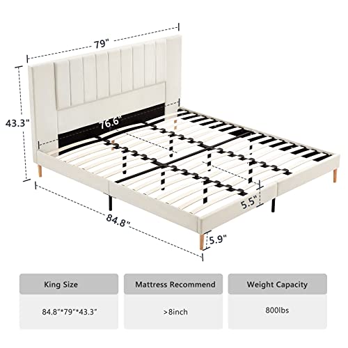 Flolinda King Size Platform Bed Frame With Velvet Upholstered Headboard And Wooden Slats Support, Fully Upholstered Mattress Foundation/No Box Spring Needed/Easy Assembly, Cream White #TOP1
