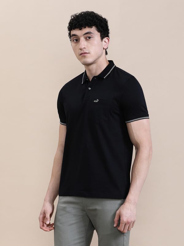 Image of CROCODILE Men Solid Slim Fit Polo T-Shirt | Regular Length | Short Sleeve | Button Placket | Casual Knitted Topwear
