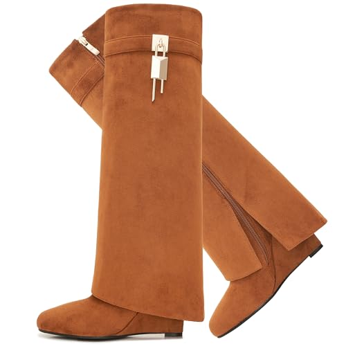Image of Fold Over Boots for Women Pointy Pull-on Wedge Heel Knee Shark Boot With Side Zipper Padlock Design