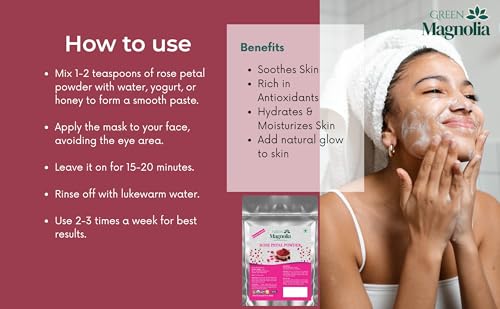 Image of Green Magnolia Pure & Natural Rose Petal Powder for Face & Skin No Chemicals No Artificial Color Ideal For Skin Refreshing Cleansing & Glow (200gm)