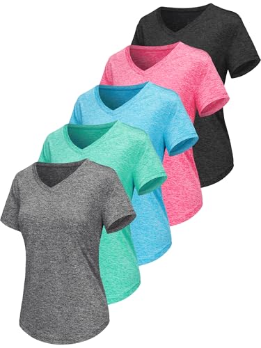 Sportshirt Damen Kurzarm V-Ausschnitt UPF 50+ Sport Fitness T-Shirts Atmungsaktiv T-Shirt Laufshirt für Funktionsshirt Workout Top Gym Yoga 5er Pack