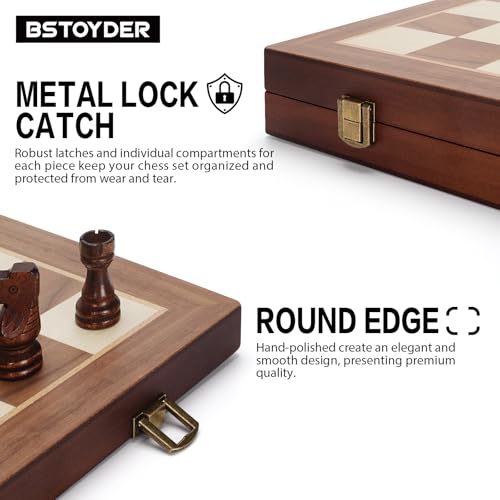 2 in 1 Magnetic Chess Set & Checkers Board Recreation, 15" Wood Folding Chess Board with 2 Additional Queens, Transportable Journey Chess Set with Items Storage Slots, Newbie Chess Board Recreation for Adults & Youngsters - Image 7