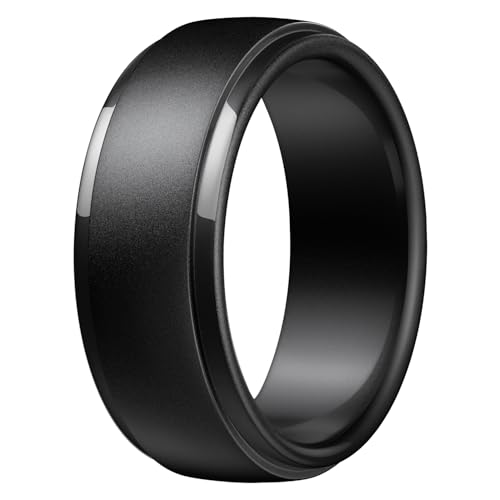 Image of Egnaro Men's Silicone Wedding Rings: Classic Black Step Edge Rubber band 10mm Wide 2.5mm Thick- Hypoallergenic for Gym /Outdoor /Gift(1 /4 /7 Variety Pack with Half Size)