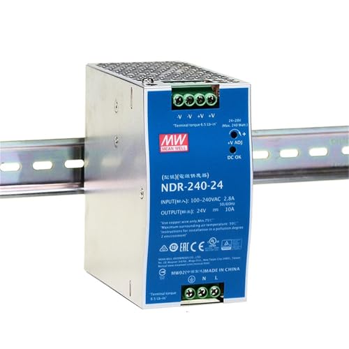 DynMach NDR-240-24 240W Power Supply - 24V 10A, AC-DC DIN Rail Power Supply for Industrial, Semiconductor, Automation and Electromechanical Applications