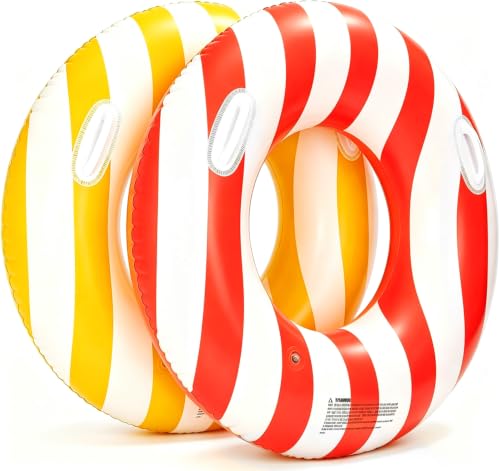 2PCS 37" Inflatable Pool Floats for Adult Striped Swim Ring Pool Floaties Inflatable Swimming Pool Raft Party Water Summer Beach Lounger Float Party Supplies (Z-Red&Yellow Striped) by ONEPTY - Used condition - US$11.14