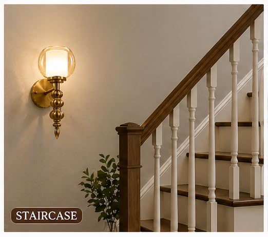Image of Modern Brass Wall Light with Golden and White Double Glass Shade, Golden Finish, Vintage Wall Sconce Ideal for Bedroom, Living Room, Hallway, Home Decor with Tri-Colour Bulb