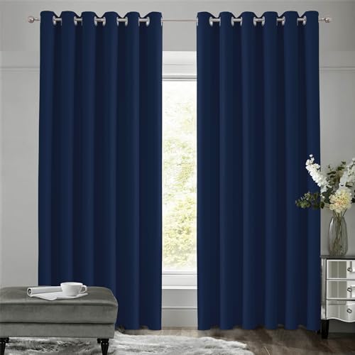 VEHEDE Navy Blue Blackout Curtains for Living Rooms, 90x90 Inch Thermal Insulated Drapes with Eyelets, Noise-Reducing Bedroom Curtains, 2 Panels
