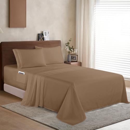 Image of Elegant Comfort Luxury 1500 Premium Hotel Quality Microfiber 4-Piece Sheet Set - Soft, All Around Elastic 18-24 Inches Deep Fitted Sheet - Extra Deep Pocket Sheets, Queen, Taupe