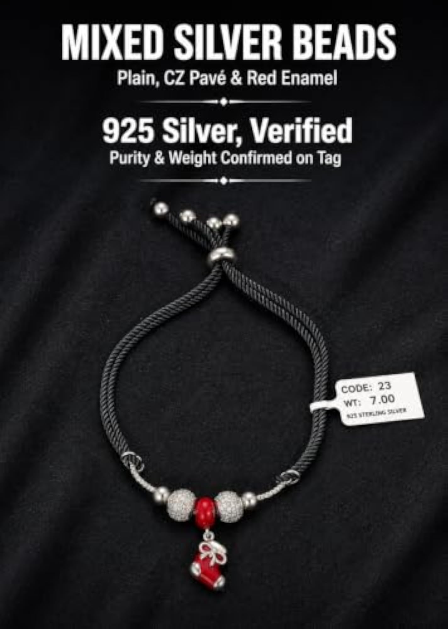 925 Sterling Silver Red Stocking Charm Bracelet with CZ Beads
