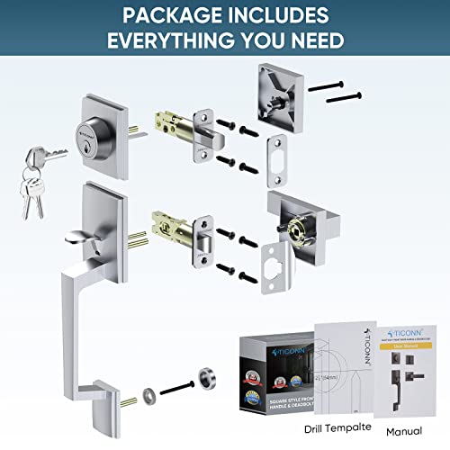 Ticonn Front Door Handle Set, Heavy Duty Square Door Lever & Single Cylinder Deadbolt Combo Reversible For Entrance Exterior Doors (Satin Chrome) #TOP3