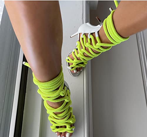 FurinFashion RHS1 Neon Green Rope Heeled Sandals For Women Girls Strappy High Heels Stiletto With Lace Up Open Toe Criss Cross Gladiator Roman Heel (9, neon green)3