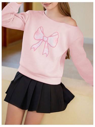 Girl's Off The Shoulder Sweatshirt Tops Long Sleeve Cute Bow Sweatshirt Thermal Pullover Tops4