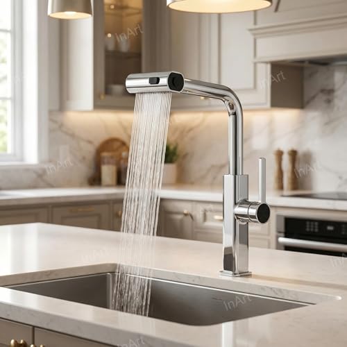 Image of InArt 360 Rotatable Brass Kitchen Faucet, Pull Out Kitchen Faucet with Waterfall Design (Chrome)