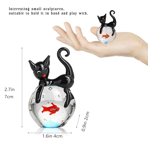 QFkris Blown Glass Black Cat Figurine, 1.6“ Mini Glass Animals Sculpture, Cat and Fish Art Collectible Figurines for Home Decor, Gift for Mom Cat-Lover Birthday - Image 3
